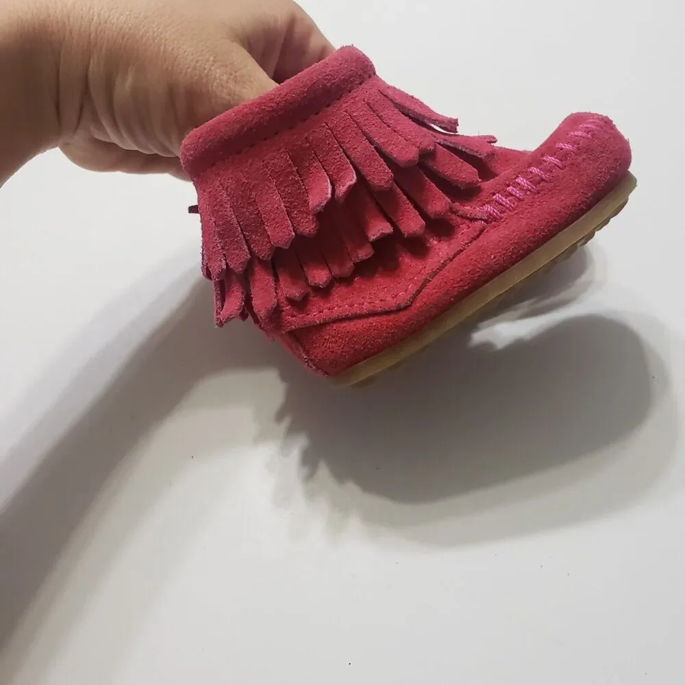 Minnetonka Girls 1 Ankle Booties Leather Pink Double Fringe Side Zip Shoes‎